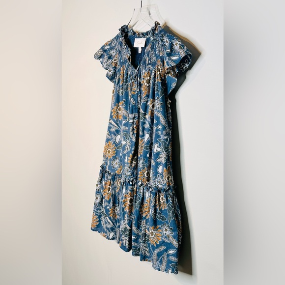 Cleobella Lydia Blue Gold Organic Cotton Flutter Sleeve Mini Babydoll Dress - Picture 7 of 16